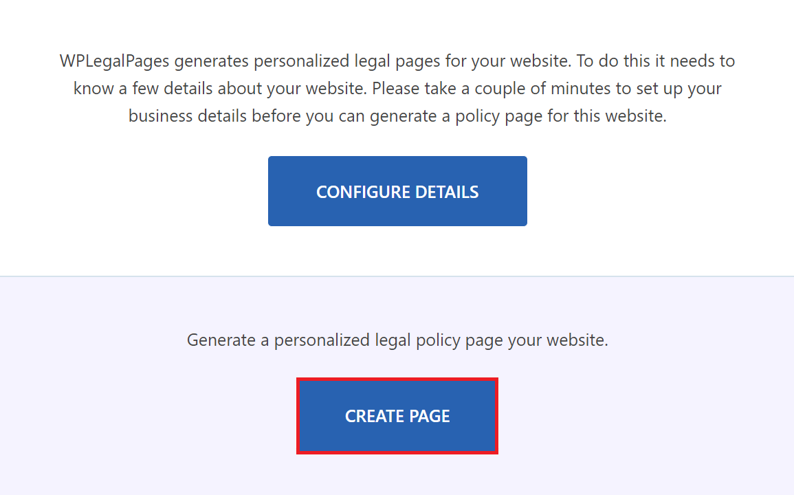 Starting the privacy policy creation with WPLegalPages
