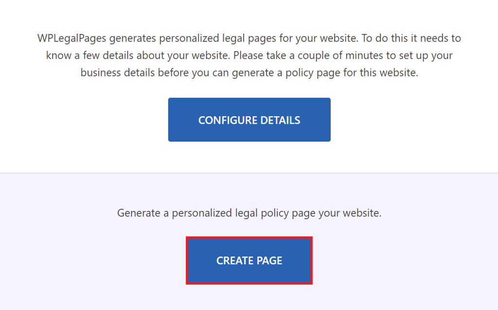 Starting the privacy policy creation with WPLegalPages