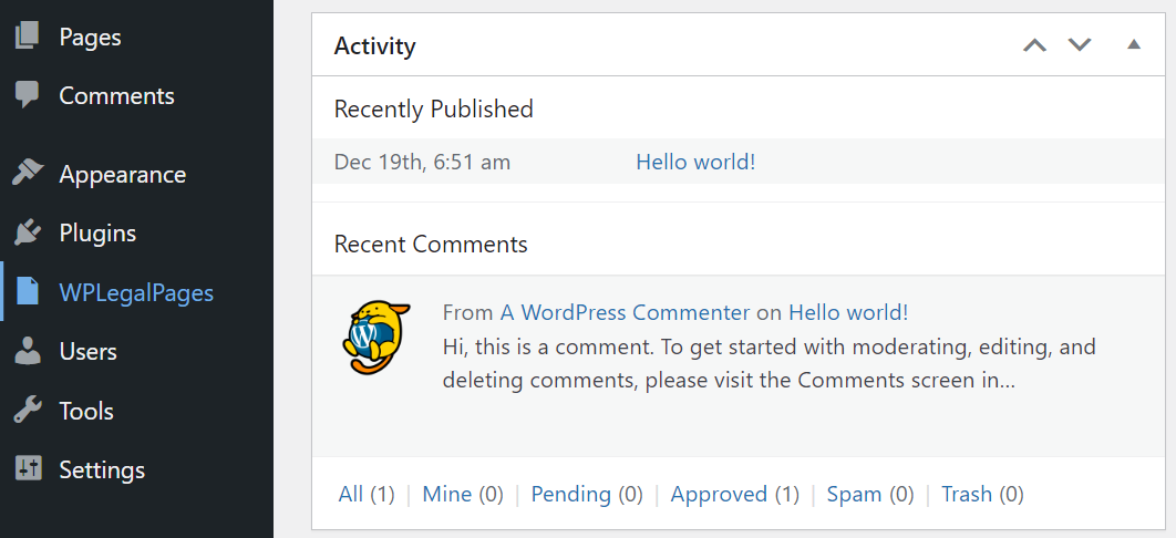 Selecting the WPLegalPages menu on the left sidebar of WordPress dashboard