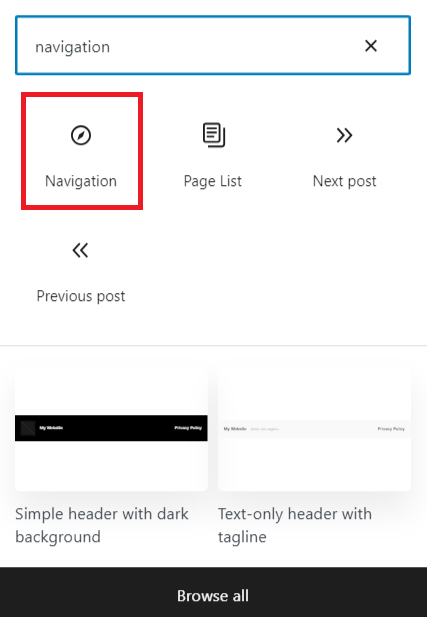 Selecting the Navigation block on the Site Editor