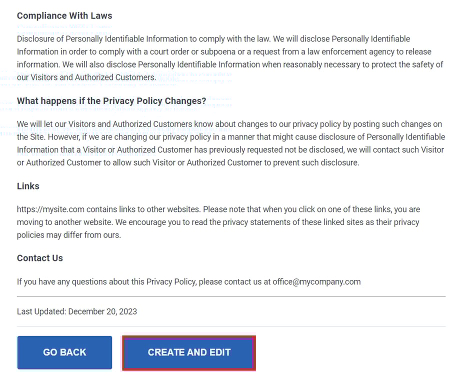 Selecting the CREATE AND EDIT button to customize the privacy policy page