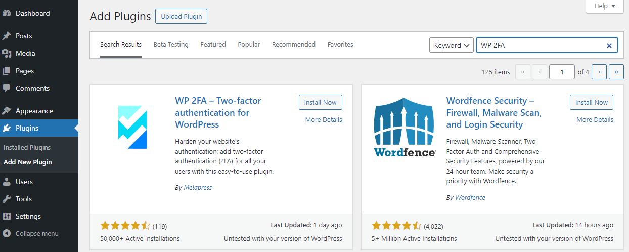 Finding WP 2FA plugin on the WordPress plugin panel