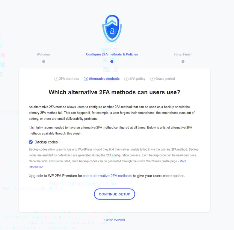 Selecting backup codes as an alternative method