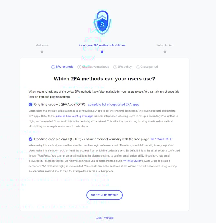 Selecting the 2FA methods for users