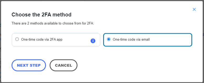 The step to select 2FA method, with the email authentication method selected