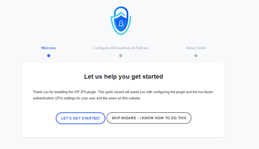 WP 2FA wizard to get started with plugin configuration