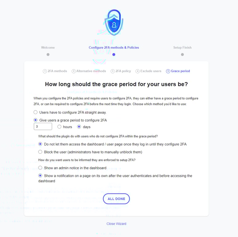 The options to set grace period for 2FA