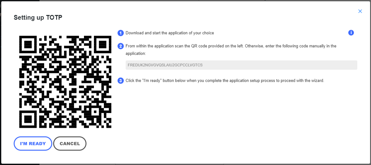 The QR code and authentication code to connect 2FA with an authentication app.