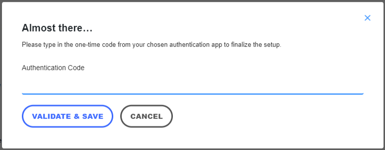 The step to enter the code from an authentication app to finalize the setup