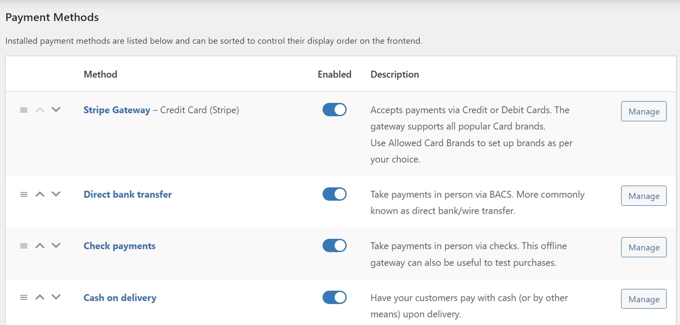 The Payment Methods section in the WooCommerce Stripe plugin dashboard