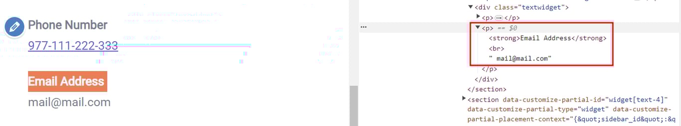 The WordPress Customizer interface with Chrome's code inspection tool opened