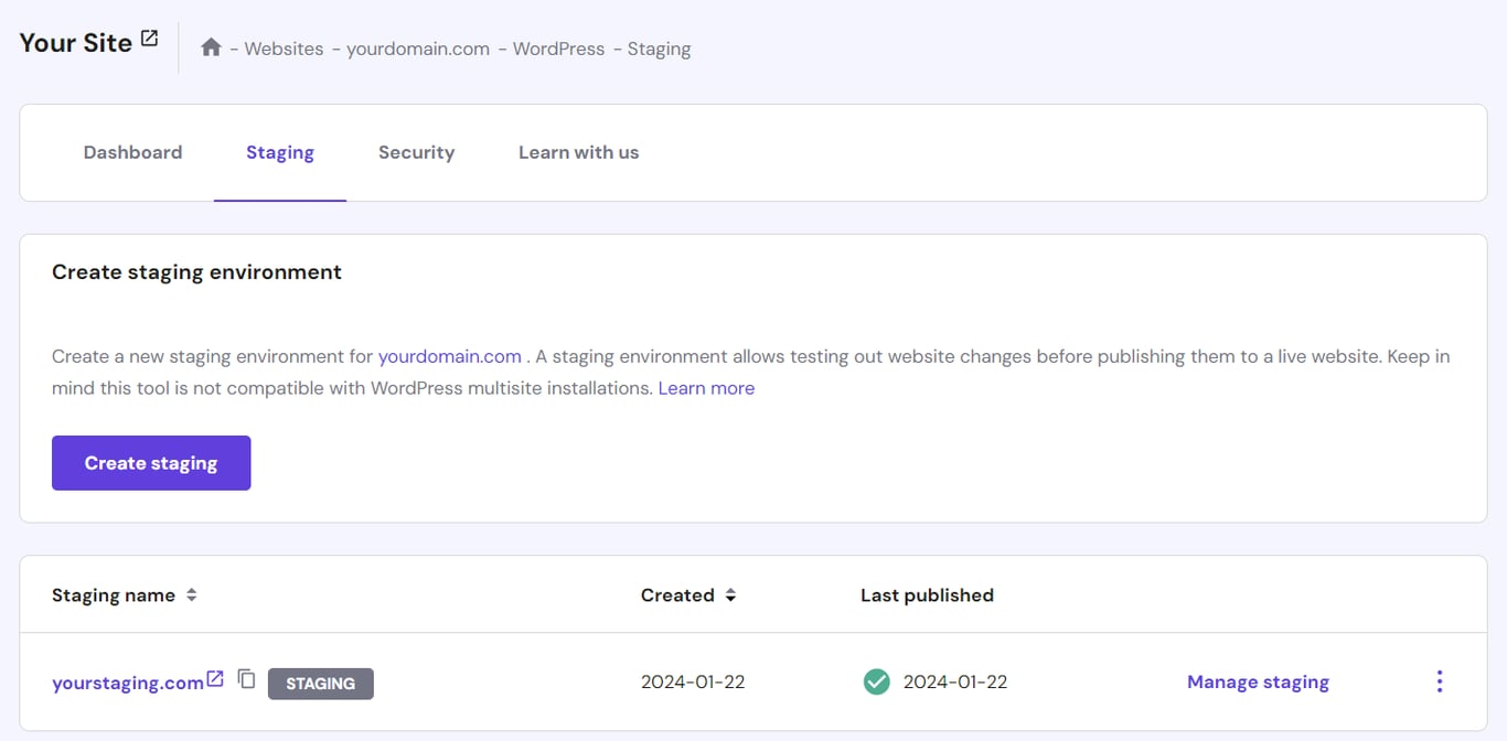 The WordPress Staging Tool in hPanel