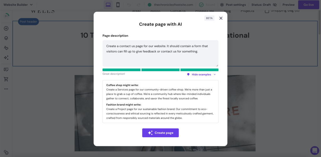 Hostinger's AI Page Generator tool
