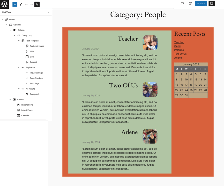 The example of using the custom archive pattern for the people category page