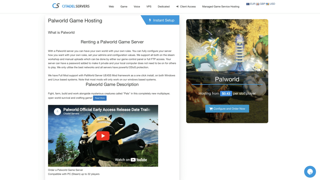 Citadel Servers' Palworld hosting landing page