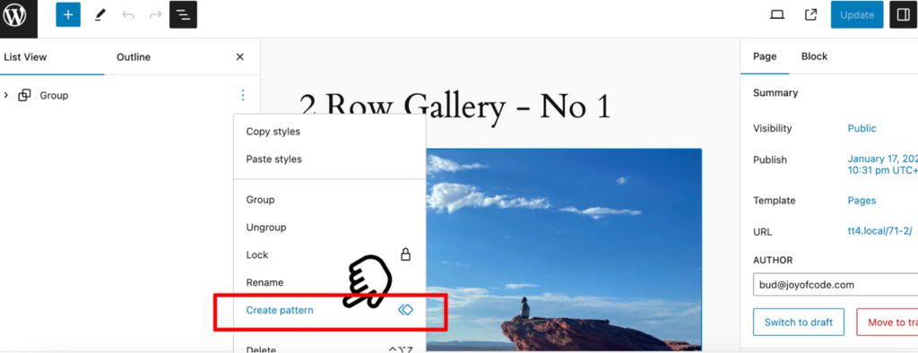 The block options menu in the block editor, with the "Create pattern" option highlighted