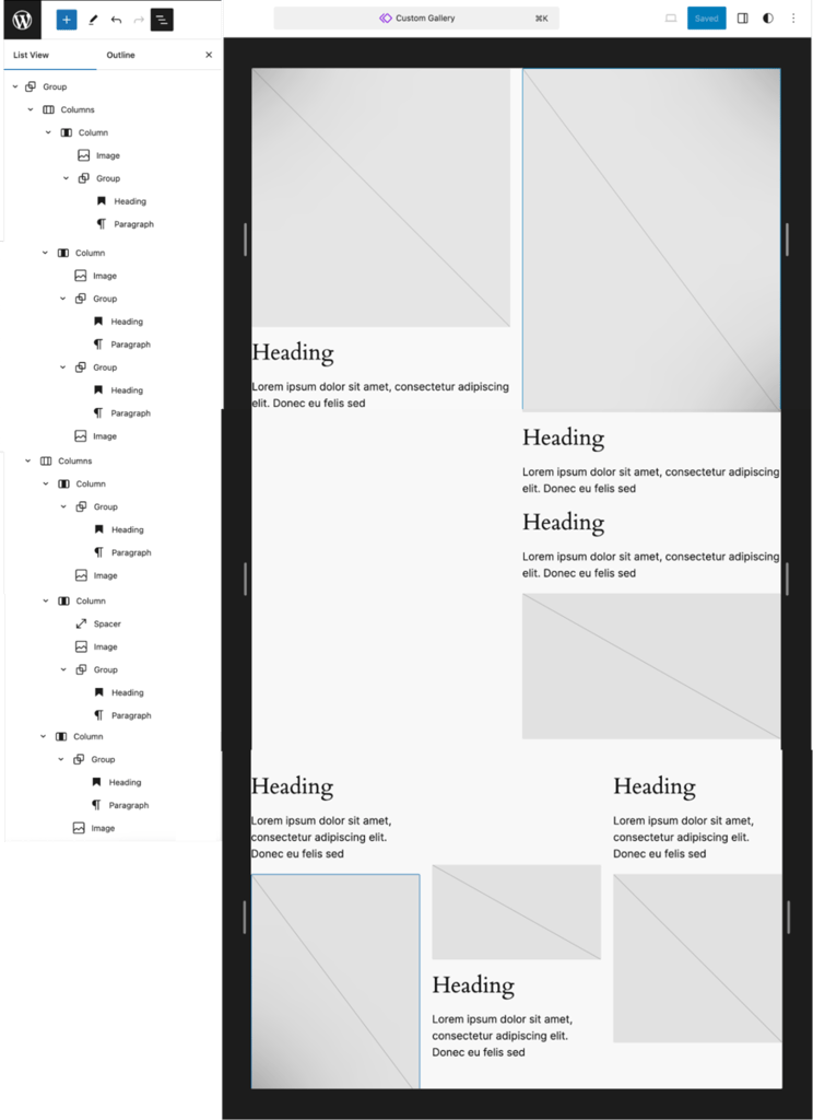 A custom gallery pattern, showing image placeholders used to indicate spaces