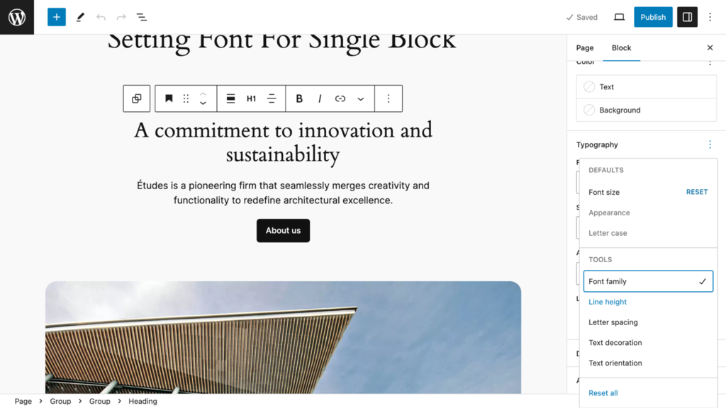 Opening the font family in the block editor