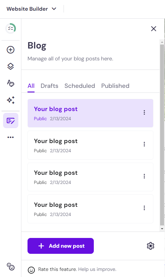 Blogging functionality in Hostinger's website creator