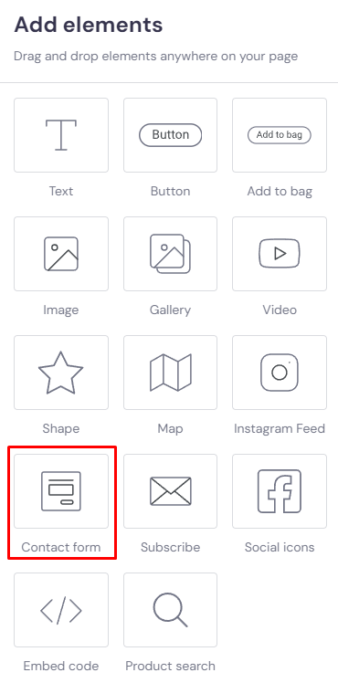 Hostinger Website Builder Add elements options highlighting contact form