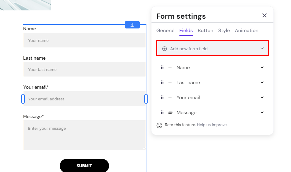 Hostinger Website Builder contact form highlighting the add new form field option