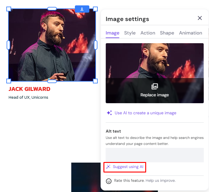Hostinger Website Builder edit image highlighting AI alt text generation