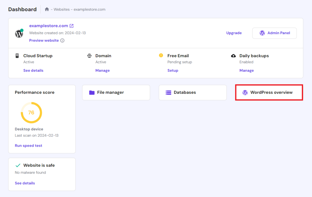 Accessing the WordPress overview menu on the hPanel dashboard