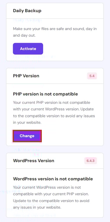 The PHP Version section in hPanel shows an incompatible version of PHP