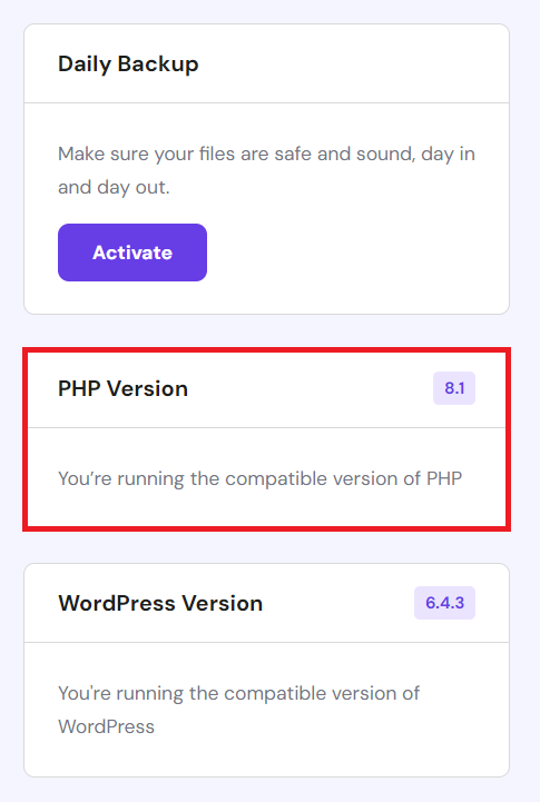 The PHP Version in hPanel shows a compatible version of PHP