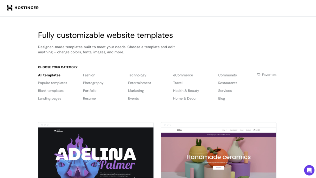 Hostinger Website Builder templates gallery