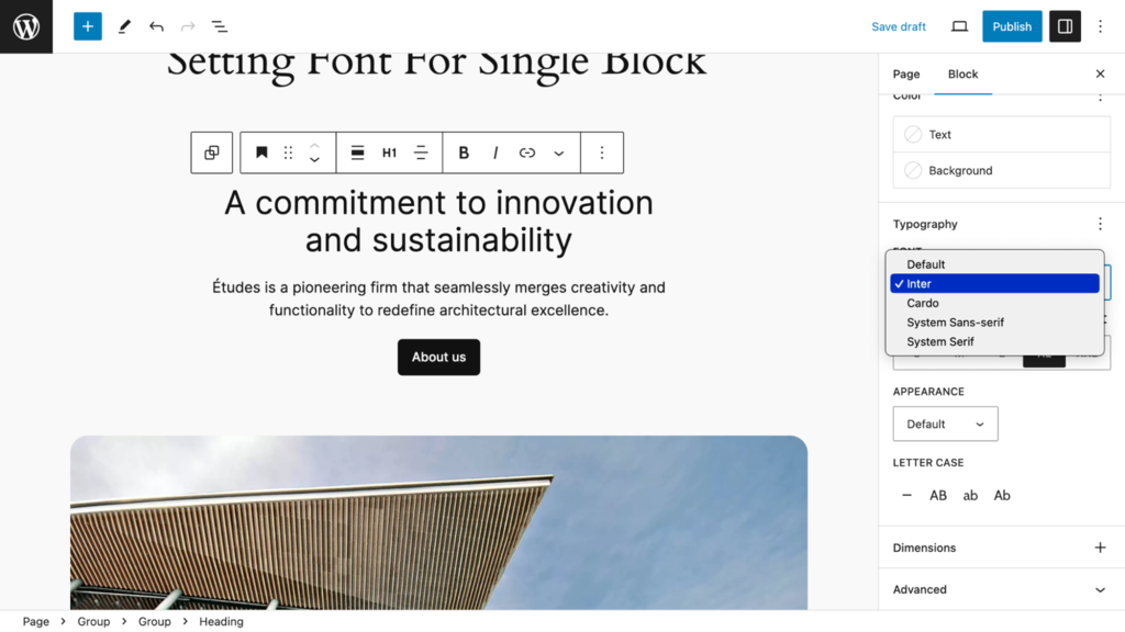 Selecting Inter font in the block editor