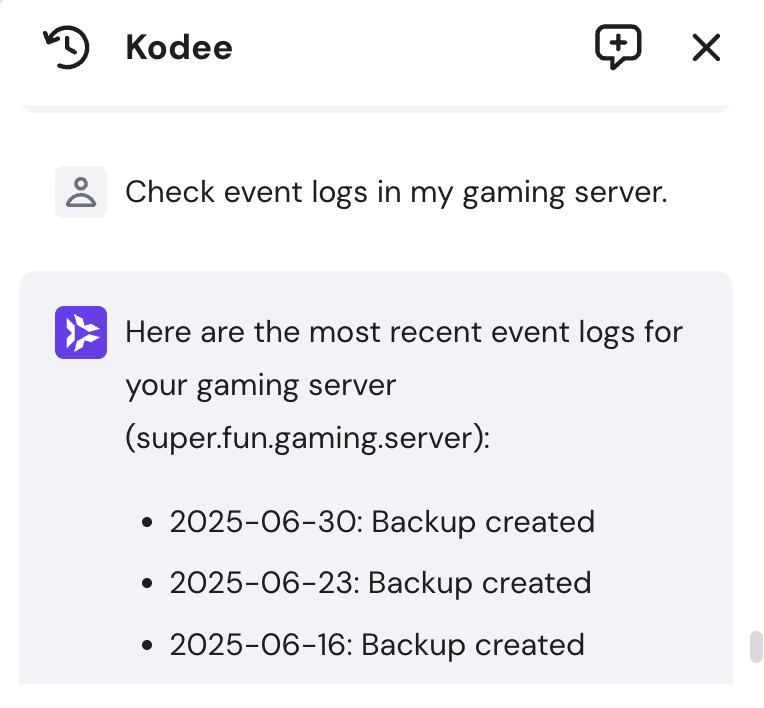 Kodee checks event logs of a game server
