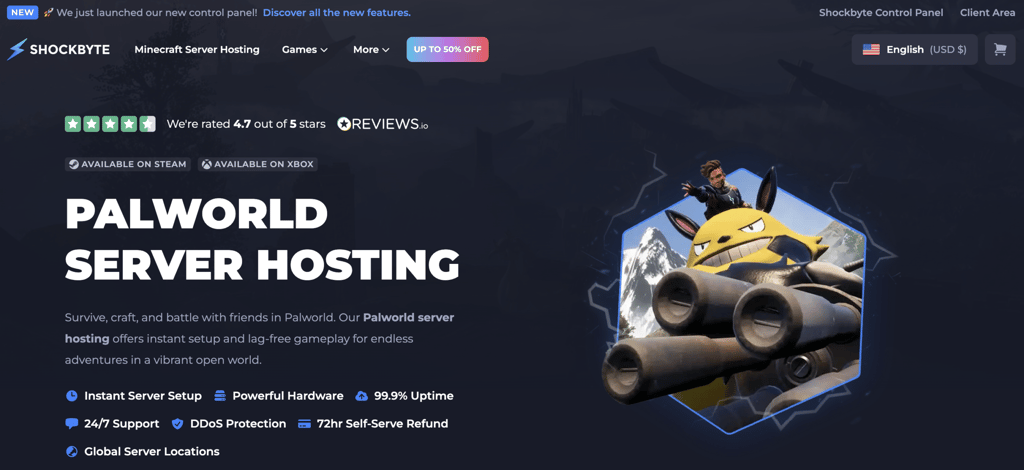 Shockbyte's Palworld hosting landing page