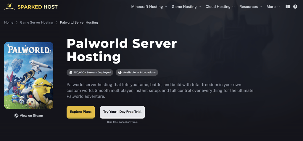 Sparked Host's Palword server landing page