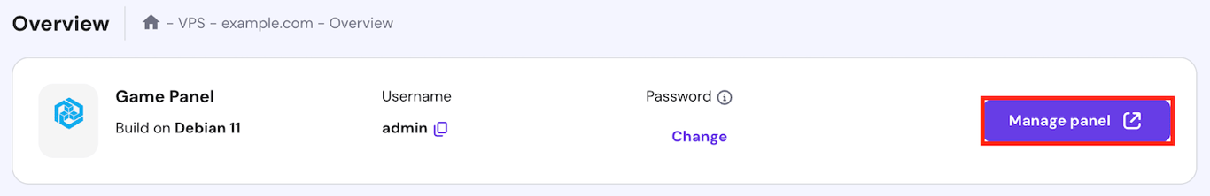 The Manage panel button on hPanel's VPS overview menu