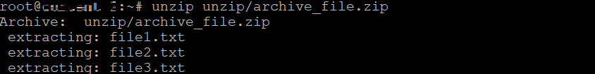 The unzip command extracts an archive from another location