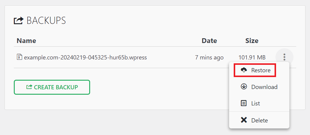 The "Restore" button in the All-in-One WP Migration plugin