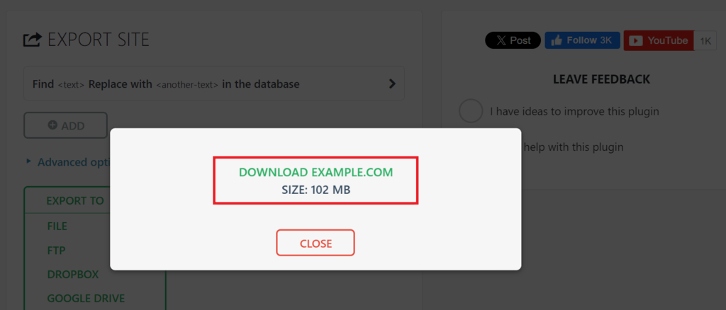 Downloading the website file on the EXPORT SITE menu of the WordPress dashboard