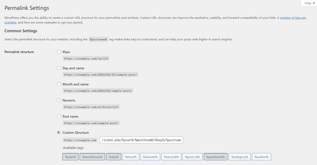 Configuring permalink settings on the WordPress dashboard