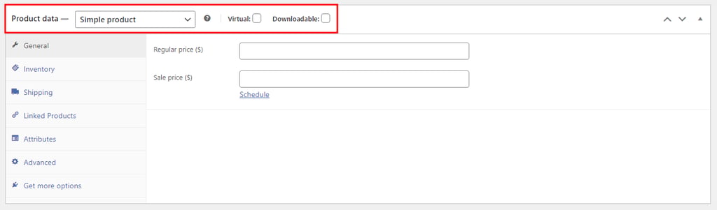 WooCommerce product data section, highlighting the product type field