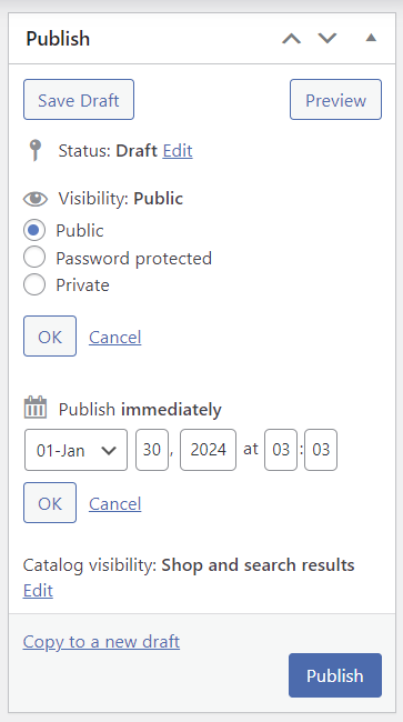 WooCommerce publish settings