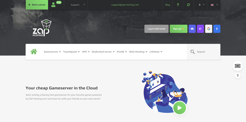 Zap Hosting's landing page