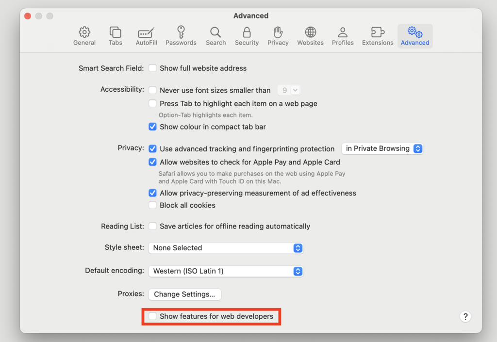 Advanced settings selected and Show features for web developers section highlighted