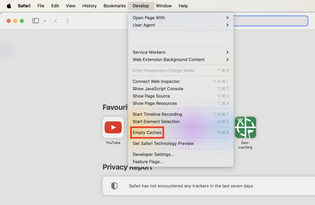 Develop menu expanded in the browser with empty caches highlighted