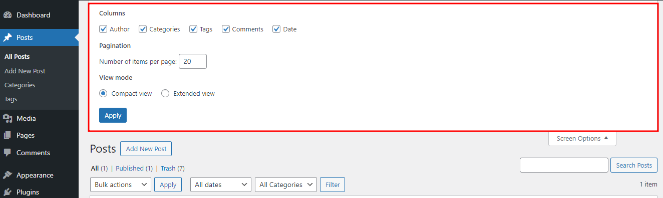 The Columns section inside Posts
