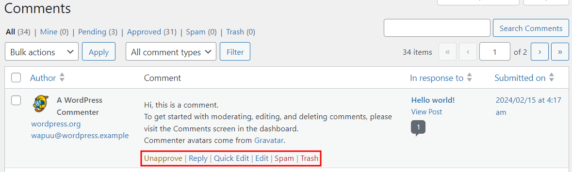 The Comments section in WordPress with the moderation options highlighted in red
