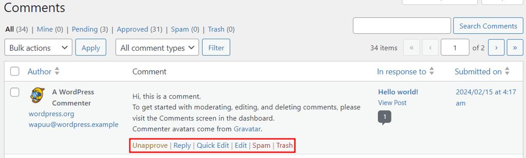 The Comments section in WordPress with the moderation options highlighted in red