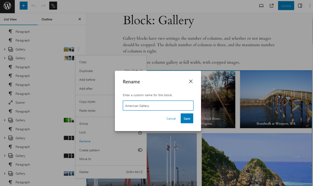 The Gallery Rename feature in the block editor