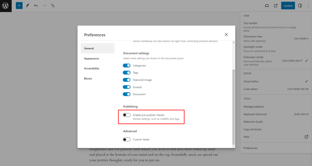 The Publishing Preferences settings with the pre-publish checks button toggled off
