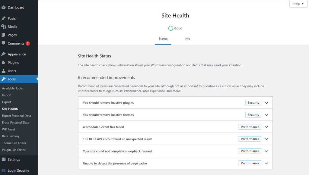The Site Health feature in WordPress